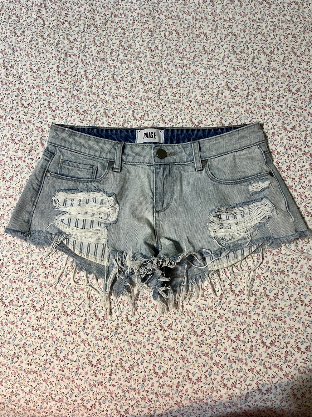 PAIGE Light Wash Distressed Denim Shorts. Size 27